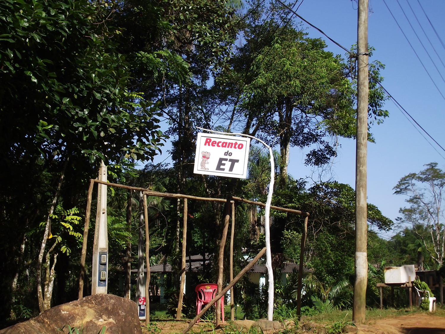 cadeira de plástico em meio a pontaletes organizados de forma similar a estrutura de uma cabana rudimentar