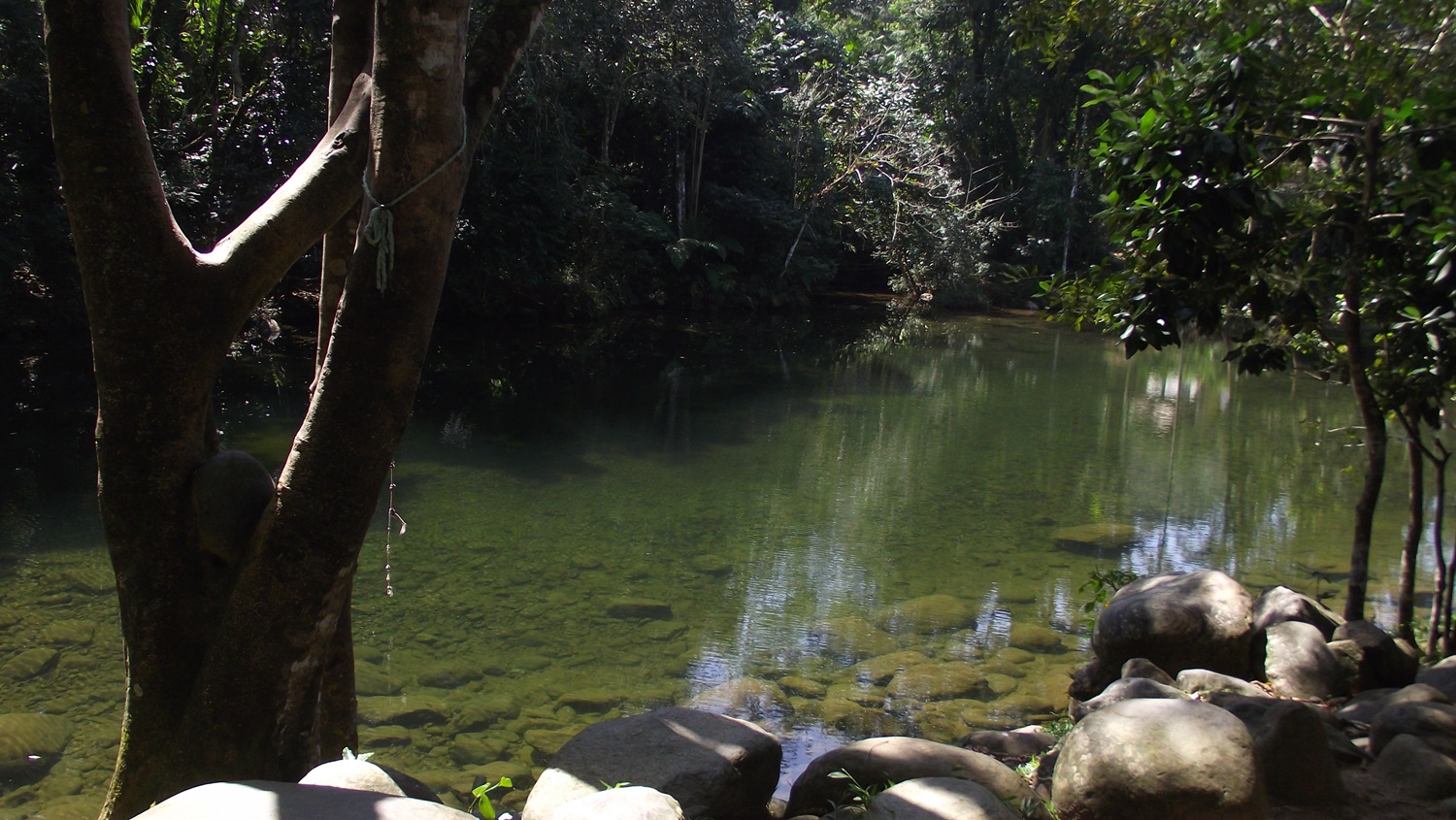 Piscinão natural com águas cristalinas permitindo ver seu fundo.